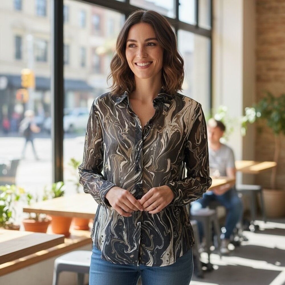 NEW Dress Forum Blouse S Long Sleeve Black Beige Print Dressy Sheer Button Up